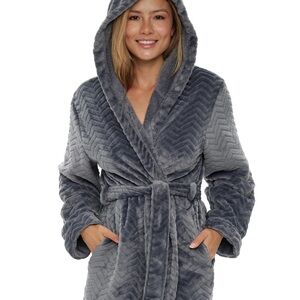 Alexander‎ Del Rossa Gray Plush Fleece Bathrobe Hooded Knee Length Size M